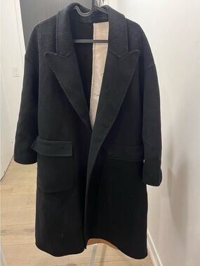 Black Oversized Wool Coat with Lapel Collar